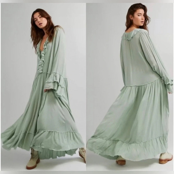 Free People Sweet Darlin Maxi, Minted Jade, Very Oversized, Distressed / Fringed - Picture 2 of 8
